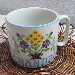 Vintage Grandpa Cross Stitch Floral Coffee Mug Japan 1090 White Blue Ceramic